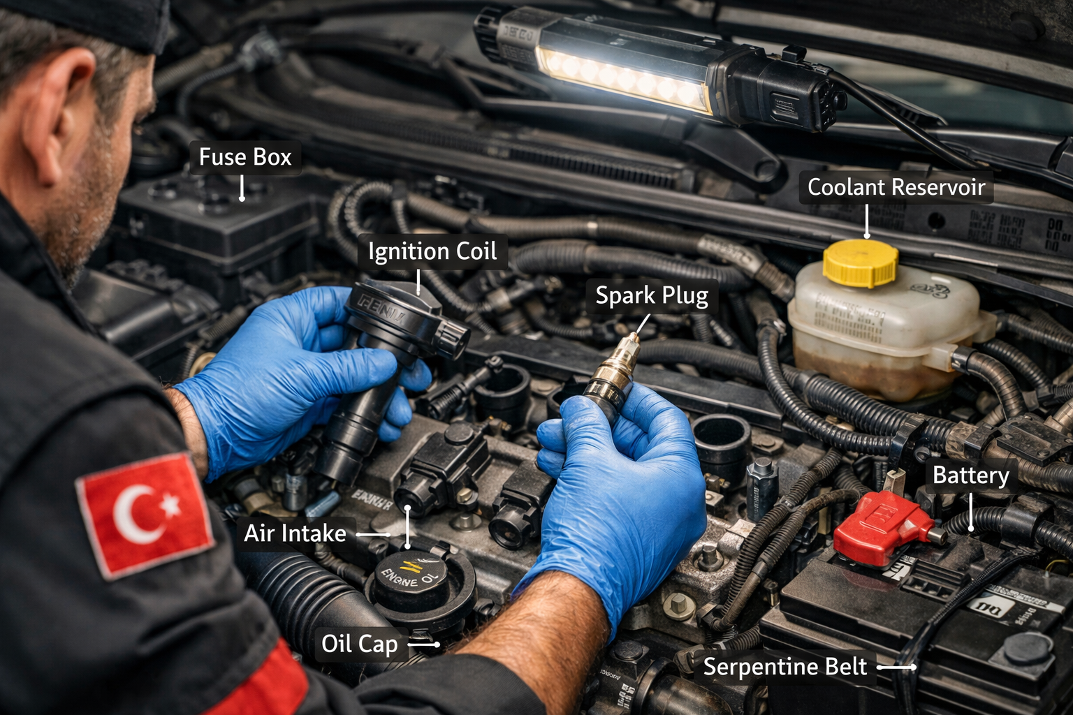 Motor bolumunde detayli teknik inceleme yapilirken