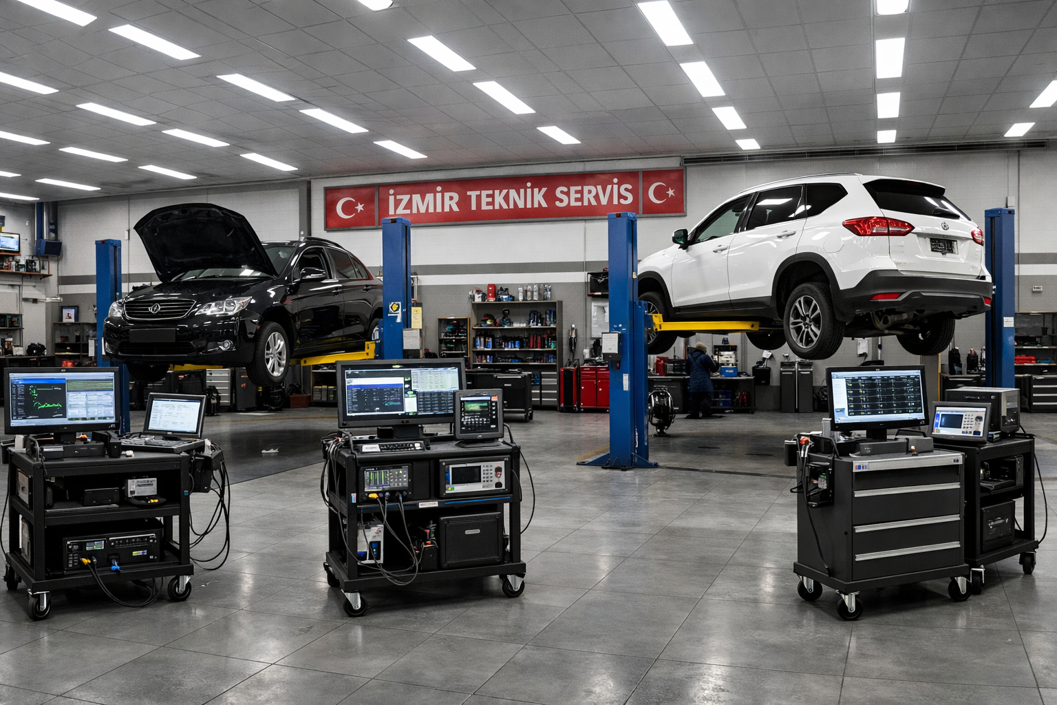 Teknik Oto Bakim servis alani ve diagnostik ekipmanlari