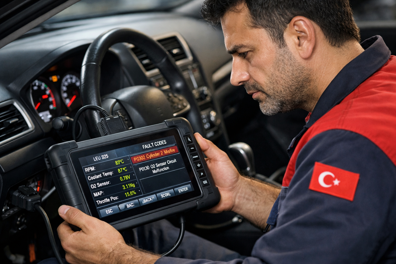 OBD diagnostik cihazi ile arac teshisi yapilirken